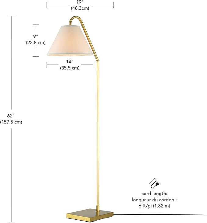 GLOBE Electric 61000147 62" Floor Lamp, Matte Brass, Beige Fabric Shade, On/Off Rotary Switch on Socket, 6-Foot Clear Cord, Reading Light, Bedroom, Living Room, Home Decor-Ruum Studio Home