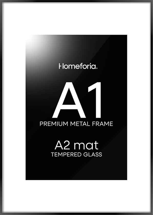 Homeforia A1 Poster Frame Black, High End Metal 23.4 x 33.1 inch Large Picture Frames with Mat 16.5 by 23.4 for Photo, A1 Size Frames Matted to A2 Print, 23.4x33.1 Thin Frame, Tempered Glass, Set of 1-Ruum Studio Home