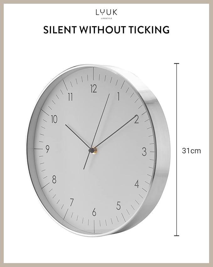 LUUK LIFESTYLE Modern Wall Clock Without Ticking, Pure Minimalist Design, legible Digits, Home Decor for Living Room, Office, in White and Silver-Ruum Studio Home