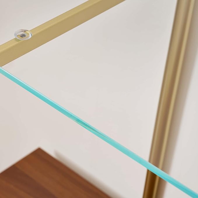 Extra Large Glass Console Table for Living Room, Foyer & Entrance, L47 x W16 x H31, Mid-Century Modern Sofa Table with Clear Glass Top, Walnut Finish Wood Top and Gold Finish Metal Frame-Ruum Studio Home
