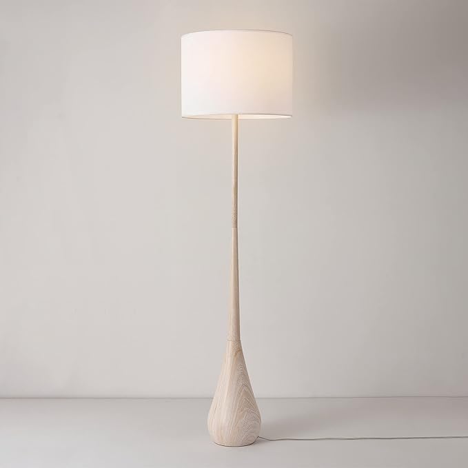 GLOBE Electric 52112 65" Floor Lamp, Faux Wood Finish, White Cotton Shade, Japandi Style, E26 Base, Modern Bedroom and Living Room Lighting-Ruum Studio Home