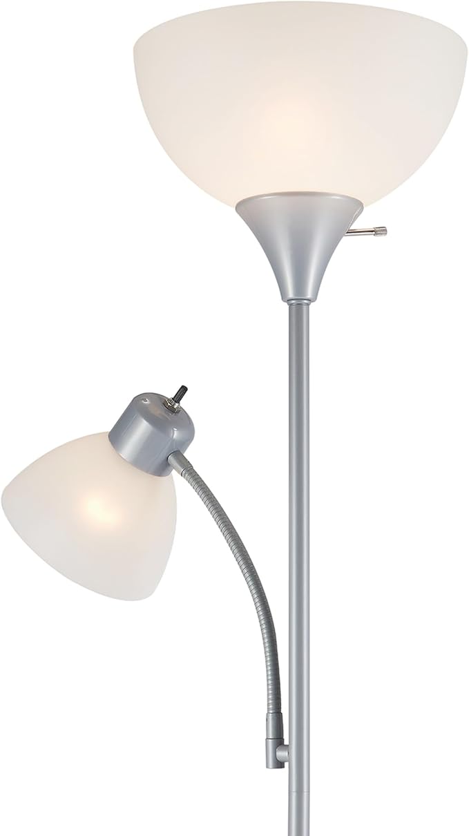 GLOBE Electric 67134 72" Torchiere Floor Lamp and Adjustable Reading Light, Silver, Frosted Shade, Dual Rotary Switch, 3-Step Dimming, Modern Lighting for Living Room or Office, Timeless-Ruum Studio Home