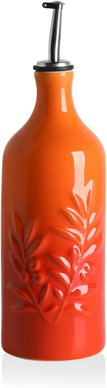 Sweejar Ceramic Olive Oil Dispenser Bottle, 20 Oz Relief Opaque Oil Cruet Protects To Reduce Oxidation, Suitable for Storage Soy Sauce, Coffee Syrup, Liquids, Set of 1 (Gradient Orange)-Ruum Studio Home