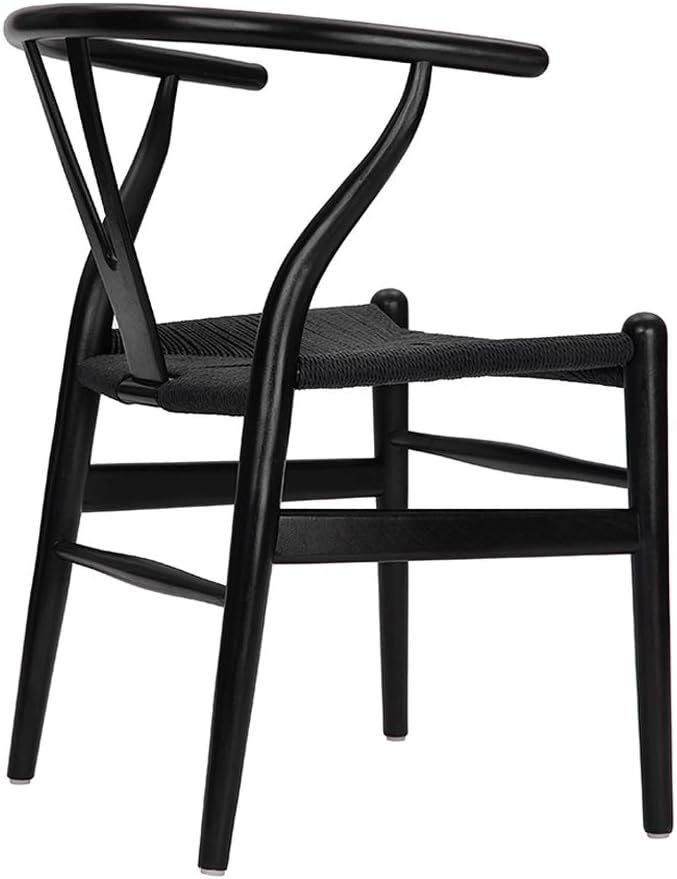 Wishbone Chair, Solid Wood Armrest Woven Seat Chair, Kitchen & Dining Chair, Wishbone Y Black Chairs - Set of 2 (Ash Wood - Black)-Ruum Studio Home