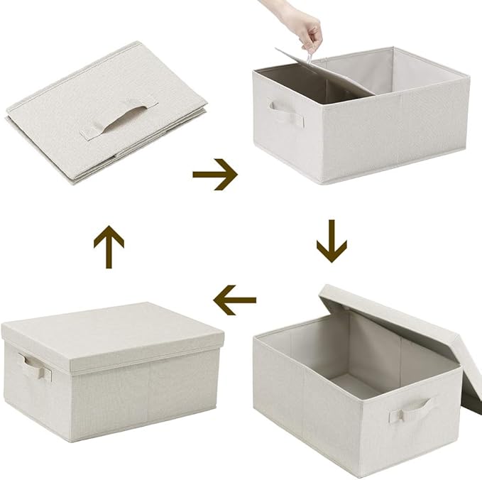 HOONEX Foldable Storage Bins with Lids, 2 Pack, Storage Boxes with Carrying Handles and Sturdy Heavy Cardboard, 16.5" L x 11.8" W x 7.5" H for Shoes, Books, Clothes, Linens, Beige-Ruum Studio Home