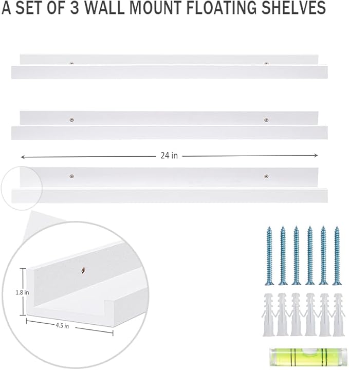 AZSKY White Kids Bookshelf Floating Shelves Wall Mounted 24 Inches Long Nursery Wooden Book Shelves for Toys Storage Picture Ledge Shelf for Living Room Bedroom Decor Books Photo Frames Set of 3-Ruum Studio Home