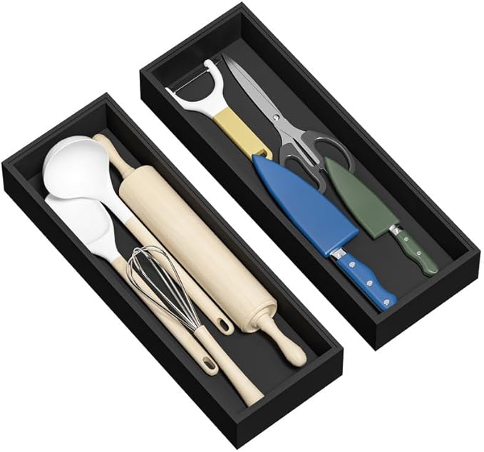 Kitchen Drawer Organizer Tray, Stackable Black Bamboo Drawer Organizer for Large Silverware, Utensils, Cutlery, Flatware, Junk, Dresser, Bathroom, 17" x 6" x 2.5" (Set of 2)-Ruum Studio Home