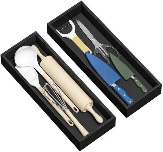Kitchen Drawer Organizer Tray, Stackable Black Bamboo Drawer Organizer for Large Silverware, Utensils, Cutlery, Flatware, Junk, Dresser, Bathroom, 17" x 6" x 2.5" (Set of 2)-Ruum Studio Home