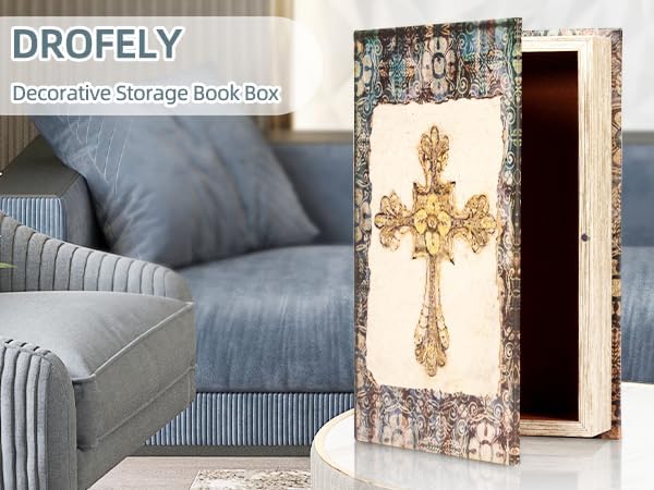 Vintage Style Wooden Decorative Book Box - Faux Leather, Christian Cross Pattern, Gift Idea-Ruum Studio Home