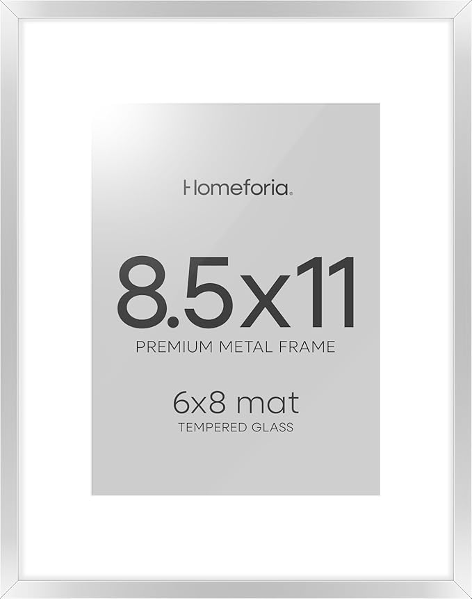 Homeforia 8.5x11 Picture Frame Silver, High End Metal 8.5 x 11 Poster Frames with Mat 6 by 8 Photo, 11x8.5 Frame Matted to 6x8 Print, 8.5by11 Wall or Tabletop Frame, Tempered Glass, Wall Kit, Set of 1-Ruum Studio Home