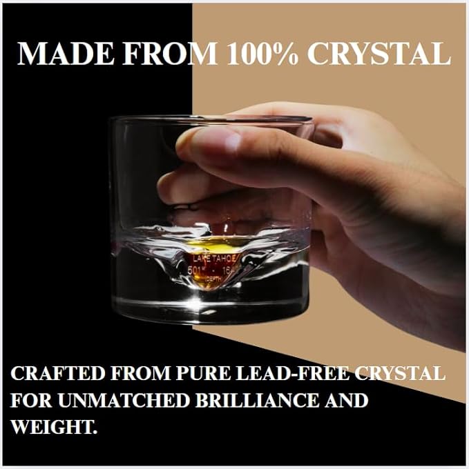 Lake Tahoe Heavy Crystal Whiskey Glasses Gift Set of 2, Thick Freezable Bourbon Glass 1lb Each, Premium Whiskey Gifts for Men, Frozen Crystal Chills Cocktails, 10 oz-Ruum Studio Home
