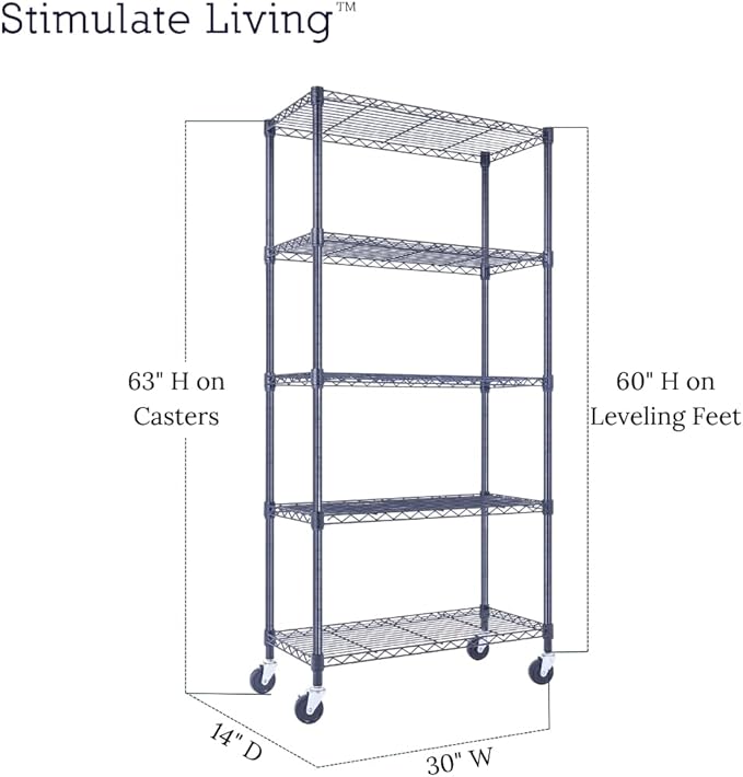 30"x14"x60" PRIME HEAVY DUTY Black 5-Tier Wire Shelving 1,750 LBS MAX Capacity Storage Rack for Commercial, School, Home, Garage, Warehouse, Industrial, and Hospital Uses (with Wheels)-Ruum Studio Home