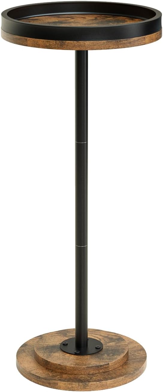 Masupu Drink Table, Round Side Table for Small Spaces, Pedestal Small End Table with Metal Base, for Living Room, Bedroom, Bathroom, Rustic Brown+Black(Lip)-Ruum Studio Home