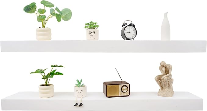 Floating Shelves 3 inch Thick for Wall Set of 2,Solid Pine Wood Wall Mount Shelf for Kitchen Living Room Bedroom Bathroom,8" D x 60" L x 3" H-White-Ruum Studio Home