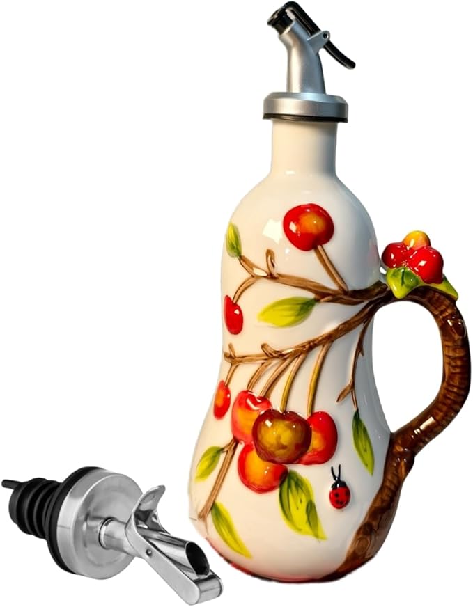 18.26oz/540ml Ceramics Olive Oil Dispenser Bottle,Hand Painted Reliefs Oil Dispenser for Kitchen,Oil Bottles for Kitchen (Cherry)-Ruum Studio Home