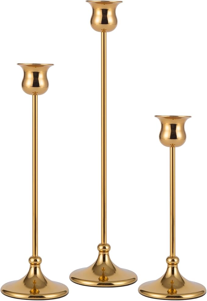 Taper Candle Holder Tall Vintage Metal Candlestick Holders Candle Stick Candelabra for Halloween Thanksgiving Christmas Holiday Wedding (Gold, 1 Set (3 pcs))-Ruum Studio Home