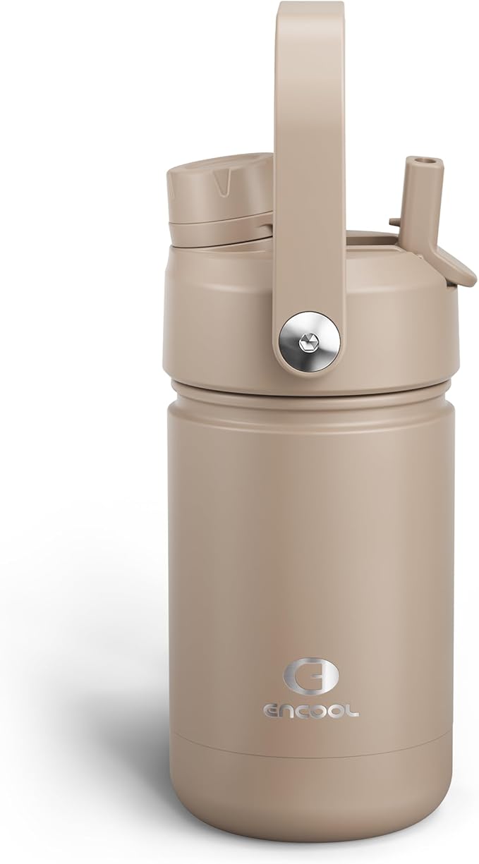 Kids Insualated Water Bottle with Straw - 12oz Stainless Steel Water Bottle with Dual Spouts, Leak-Proof, BPA-Free, Double Wall Vacuum Keeps Cold for 24 Hours for Sports, Travel, School (Raw Umber)-Ruum Studio Home