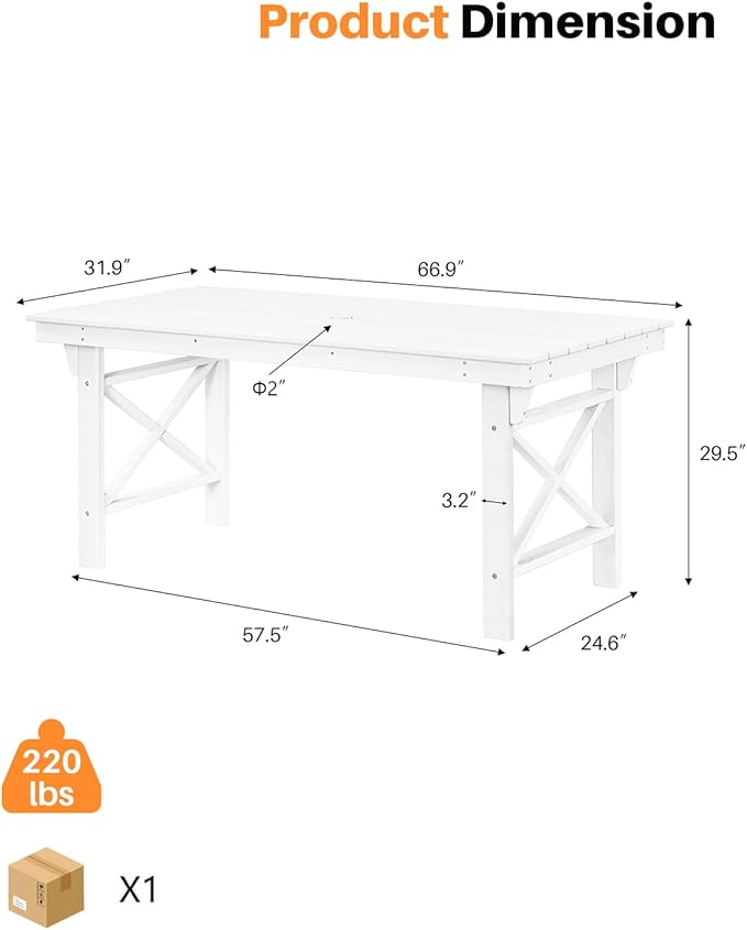 HDPE Outdoor Dining Table, 66.9” Rectangle Patio Dining Table for 6, All-Weather HDPE Outdoor Table with 2.2” Umbrella Hole, HDPE Patio Furniture for Deck, Backyard, Garden, Pool, Pearl-Ruum Studio Home