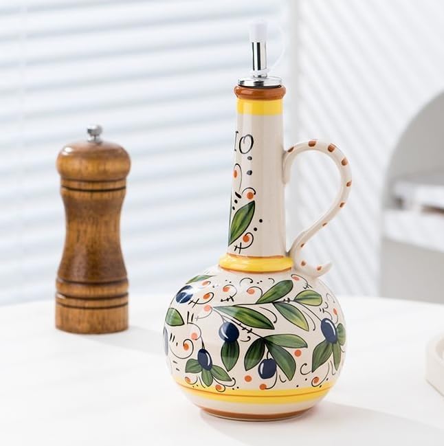 Italian Ceramic Olive Oil Dispenser Bottle 23oz, Hand Painted Olive Oil Bottles, Decorative Stoneware Olive Oil Cruet for Kitchen with Stainless Steel Spout for Oils, Sauces, Vinegar-Ruum Studio Home