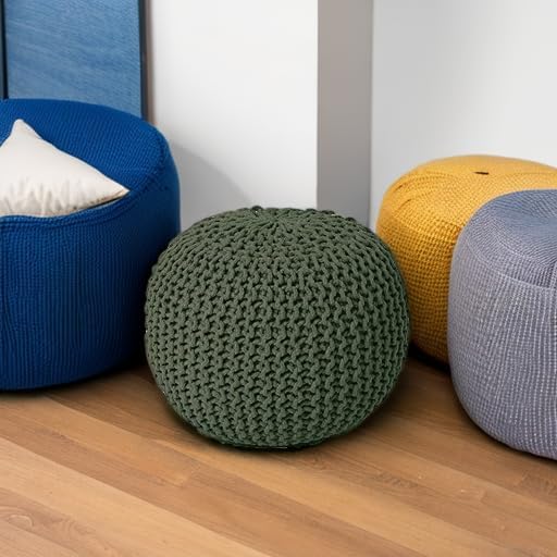 REDEARTH Round Hand Knitted Pouf - Foot Stool Bean Bag Ottoman - Cord Boho Pouffe - Poof Accent Beanbag Footrest for Living Room - Bedroom - Patio - Lounge (19.5"x19.5"x14") - Olive-Ruum Studio Home