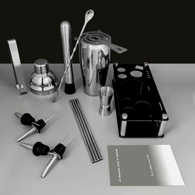 14-Piece Cocktail Shaker Set Bartender Kit with Black Stand, Bar Tool Set for Drink Mixing Bartending Kit Bar Sets Accessories: 750ml(25oz) Shaker, Jigger, Muddler, Cocktail Recipes (Silver)-Ruum Studio Home
