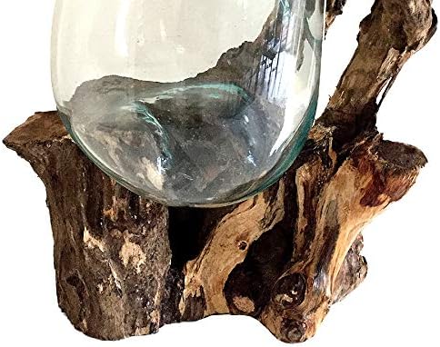 Hand Blown Molten Glass & Teak Wood Terrarium/Vase/Fish Bowl - Premium Quality (12" - 14" High)-Ruum Studio Home