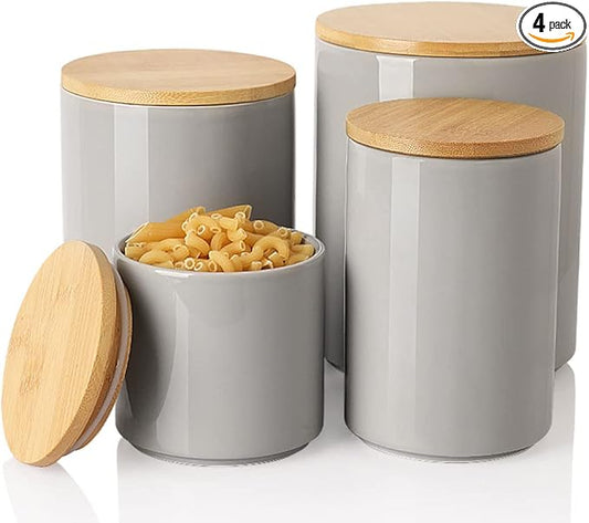 Sweejar Ceramic Kitchen Canister Sets, Porcelain Container for Countertop, Heavy Food Storage Jars with Airthight Seal Bamboo Lid, Servering for Sugar, Coffee Beans, Tea Leaves, Pack of 4（Gray）-Ruum Studio Home