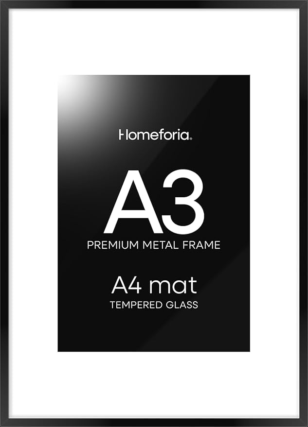 Homeforia A3 Picture Frame Black, High End Metal 11.7 x 16.5 inch Poster Frames with Mat 8.3 x 11.7 for Photo, A3 Size Frames Matted to A4 Print, 11.7x16.5 Wall Hanging Frame, Tempered Glass, Set of 1-Ruum Studio Home