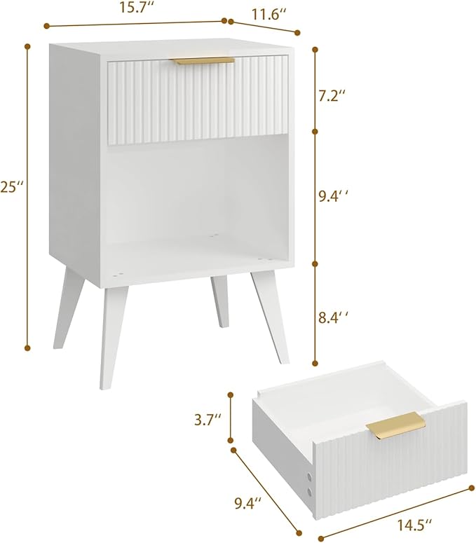 Fluted Night Stand with Opening Storage,Mid Century Bedside Table with Drawer,Modern Nightstand with Solid Wood Legs,End Table Side Table for Living Room,Bedroom,White CTG56W-Ruum Studio Home