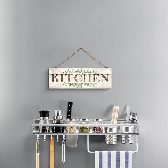 Kitchen Sign Wall Decor, Kitchen Wall Art with Plant Print, Rustic Farmhouse Wall Hanging Plaque Home Kitchen Decorative Kitchen, 4.7 x 13.7 inches-Ruum Studio Home