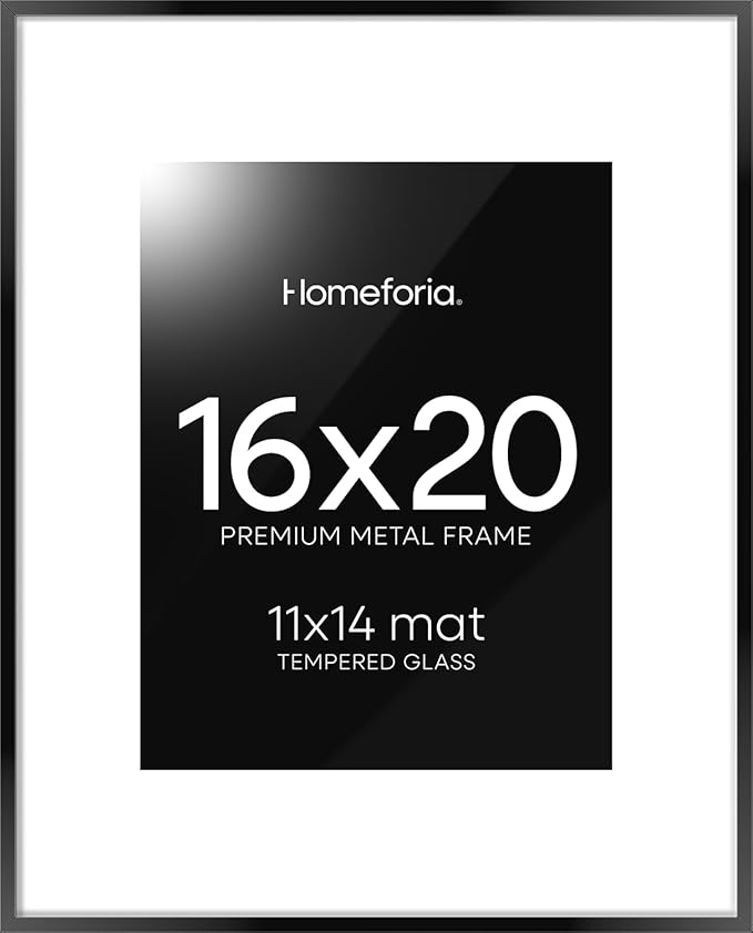 Homeforia 16 x 20 Picture Frame Black, High End Metal 11x14 Matted for 16x20 Frame, 16 x 20 Black Poster Frame with Mat 11 x 14 inch Photo, 20x16 Thin Hanging Frame, Tempered Glass, Wall Kit, Set of 1-Ruum Studio Home