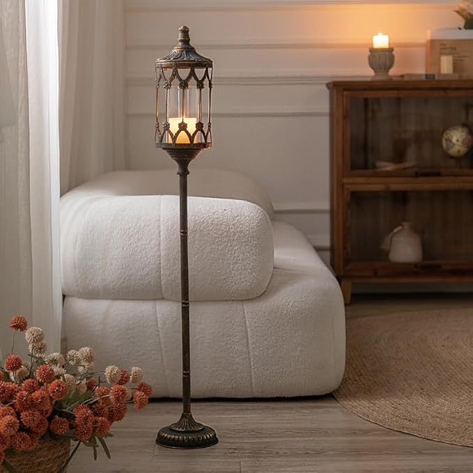 Vintage Floor Candelabra - 37.1" Tall Antique Gold Candle Holder with Glass Lantern, Rustic Gothic Metal Pillar Stand for Home Decor, Wedding & Event Centerpiece-Ruum Studio Home