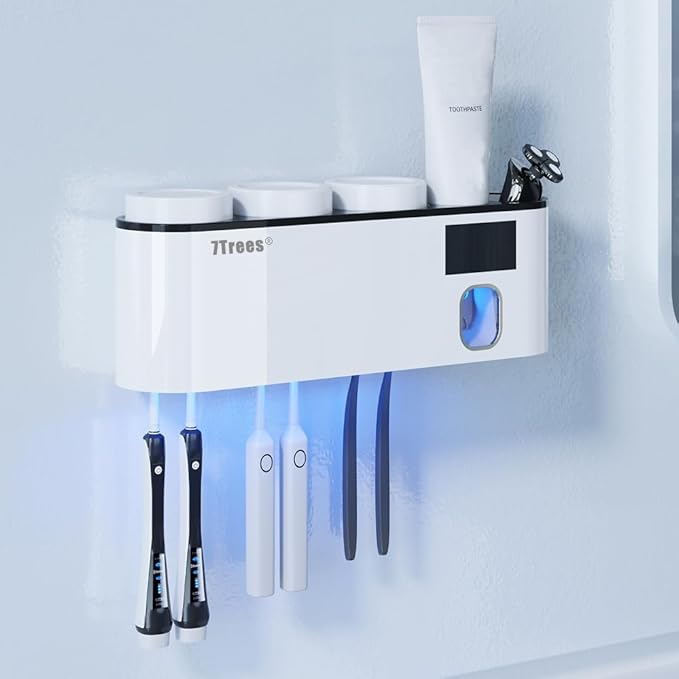 Toothbrush Cleaning Holder, Self Adhesive Toothbrush Holder with 3 Cups, Automatic Toothpaste Squeezer Dispenser Bathroom Accessories Set (White)-Ruum Studio Home
