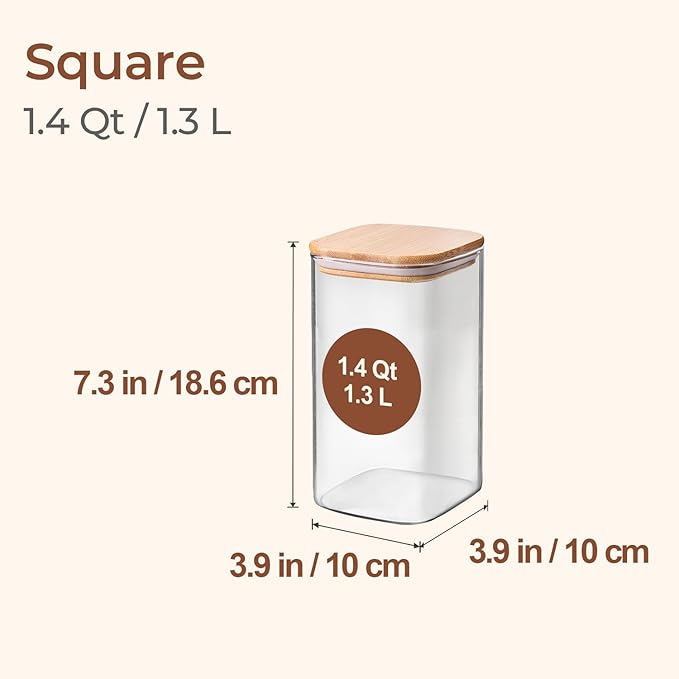 ComSaf 1.4 Qt Glass Storage Containers with Lids, Glass Jars with Lids, Clear Food Storage Jar, Square Canister Set of 3, Pantry Organizers and Storage for Flour Oat Pasta Tea Cookie Coffee Bean-Ruum Studio Home