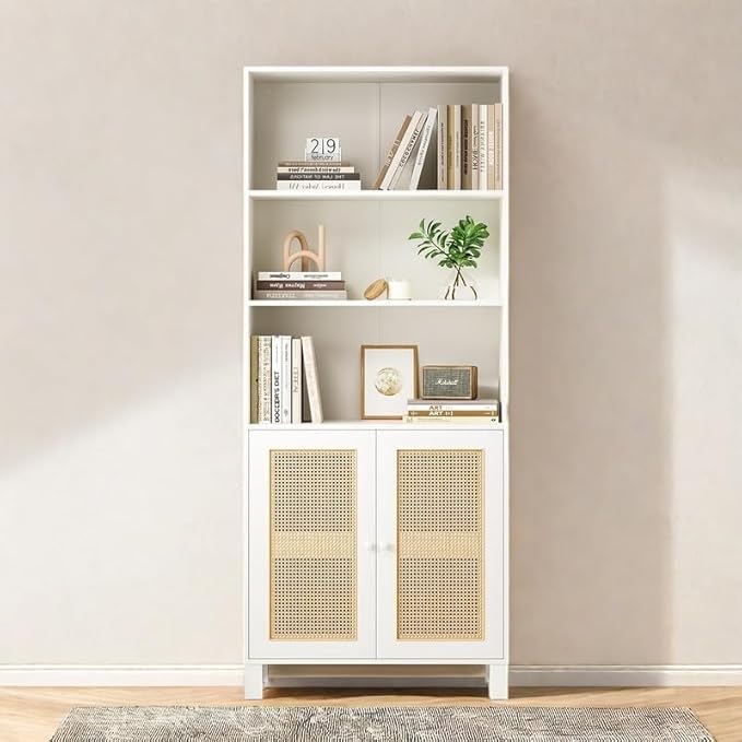 Tall Bookshelf, 5-Tier Book Shelf with 2 Rattan Doors, Freestanding Bookcase Display Shelves with Large Storage, Book Case for Living Room, Office, Study, Bedroom, 70.9 Inch-Ruum Studio Home
