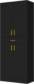 Cozy Castle Pantry Cabinet, 71" Tall Kitchen Storage Cabinet with Doors and Shelves, Freestanding Wood Cupboard Utility Hutch with Drawer for Dining Room Living Room Bathroom Furniture, Black-Ruum Studio Home