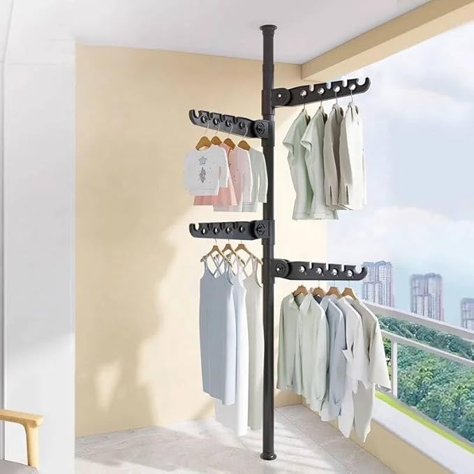 Telescopic Clothes Drying Rack, Floor to Ceiling, 4 Adjustable Arms, 360° Rotating, 43-122 inches, Black-Ruum Studio Home