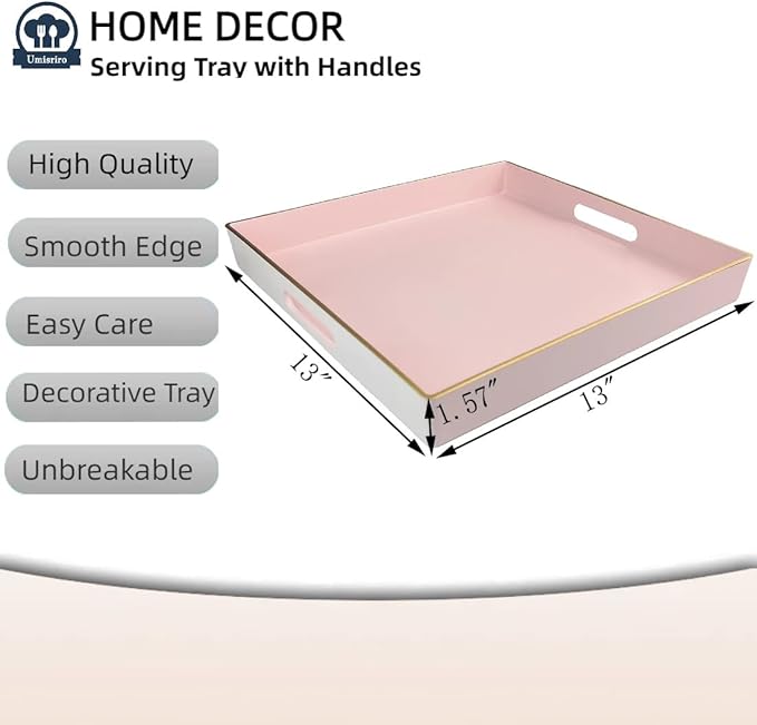 Pink Decorative Tray, Square Serving Tray with Handles, Plastic Coffee Table Tray for Ottoman, Living Room, Kitchen Tabletop, 13"x13"x1.6"-Ruum Studio Home