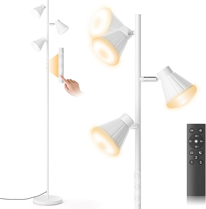 36W LED Tree Floor Lamp, Dimmable Tall Standing Lamp with Remote & Touch Control, 4 Color Temperatures Bright Floor Lamp, 3 Rotatable Light Modern Floor Lamps (White)-Ruum Studio Home