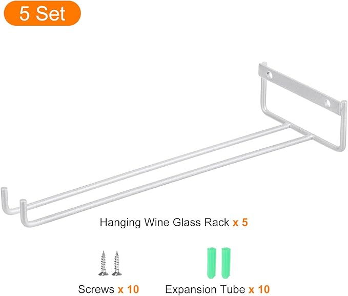 uxcell 5Pcs Wine Glass Rack, 11.22 Inch Iron Wine Glasses Rack Under Cabinet Stemware Rack - Wall Mountable Wine Glass Holder Storage Hanger for Bars Coffee Restaurants Kitchens, Silver-Ruum Studio Home