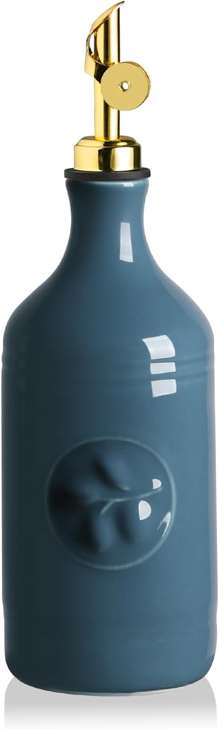 Sweejar 16 Oz Ceramic Olive Oil Dispenser Bottle, Oil Dispenser for Kitchen with Gravity Spout, Relief Opaque Oil Container for Evoo, Avocado Oil, Vinegar, Soy Sauce, 1 Pack(Fog Blue, Gold Spout)-Ruum Studio Home