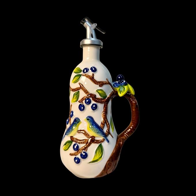 18 Oz Hand Painted Relief Ceramic Olive Oil Bottle Dispenser for Kitchen, Oil and Vinegar Bottle, Seasoning Bottle with Stainless Steel Nozzle, 540mL Oil Container with Handle for Cooking, Light Proof-Ruum Studio Home