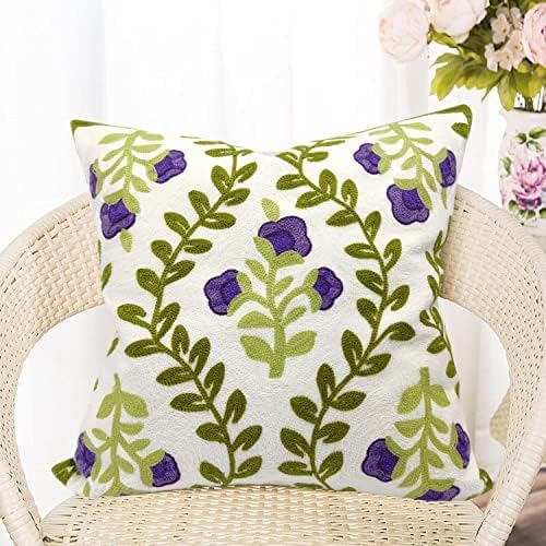 Alysheer Floral Embroidered Spring Decorative Throw Pillow Cover 18"x 18", Farmhouse Cottage Purple Flowers Green Leaves Knit Pattern Cotton Canvas Cushion Case for Sofa Couch Bed Living Room Decor-Ruum Studio Home