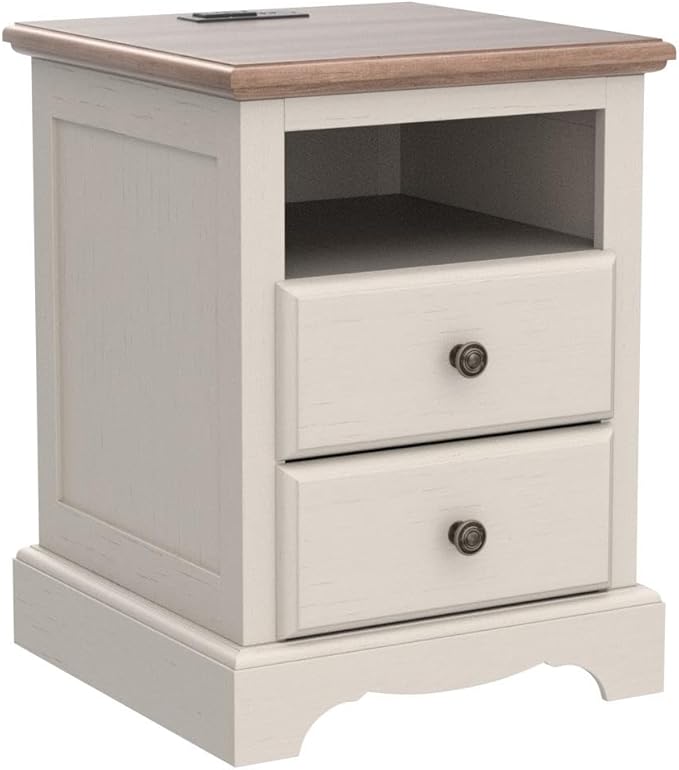 T4TREAM Nightstand with Charging Station, 18 Inch Vintage End Table with 2 Drawers, Wood Rustic Sofa Side Table with Open Storage Shelf for Bedroom, Living Room, Antique White-Ruum Studio Home