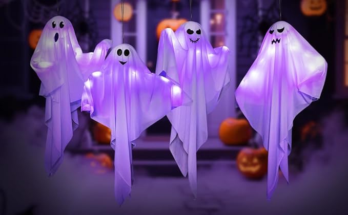 4 Pack Halloween Hanging Ghosts with LED Lights, 27.5 Inch Light Up Ghost Decorations for Indoor Outdoor, Lawn Yard Tree Hanging Halloween Ornaments, Spooky Lighted Party Supplies-Ruum Studio Home