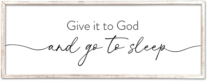 Give It To God And Go to Sleep Wall Decor 40"X15" Master Bedroom Above Bed Large Wood Framed Sign Rustic Guest Room Over Bed Wall Hanging Art (White)-Ruum Studio Home