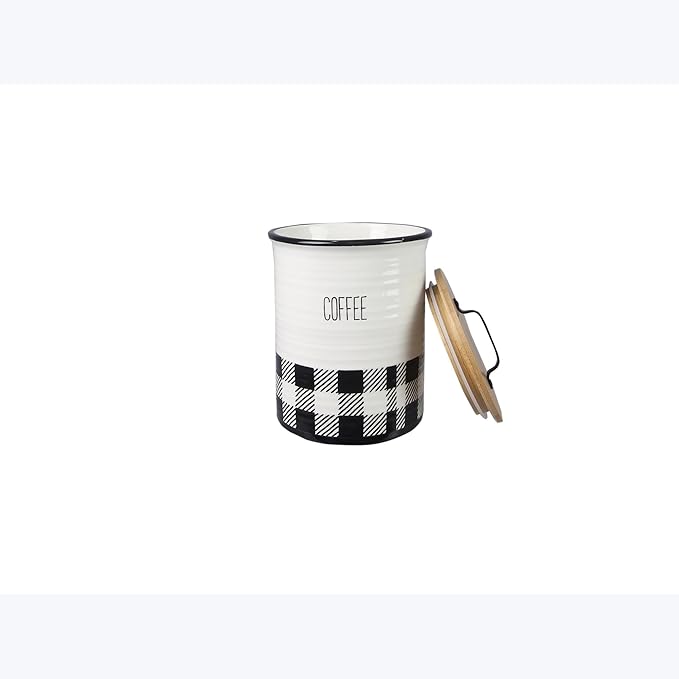 Young's Inc. 4 Pcs Set Plaid with Bamboo Lids Ceramic Canisters- Storage Container for Kitchen and Bathroom - Beautiful Home Decor Accent to Store Food, Coffee, Tea, and More - Black, White-Ruum Studio Home