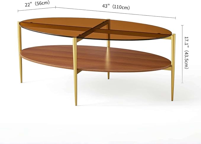 Oval Glass Coffee Table, Mid-Century Modern Design, L43 x W22 x H17 inch, 2-Tier Structure, Olive Shaped Amber Glass Top and Walnut Finish Wood Shelf, Tapered Legs with Gold Finish Frame-Ruum Studio Home