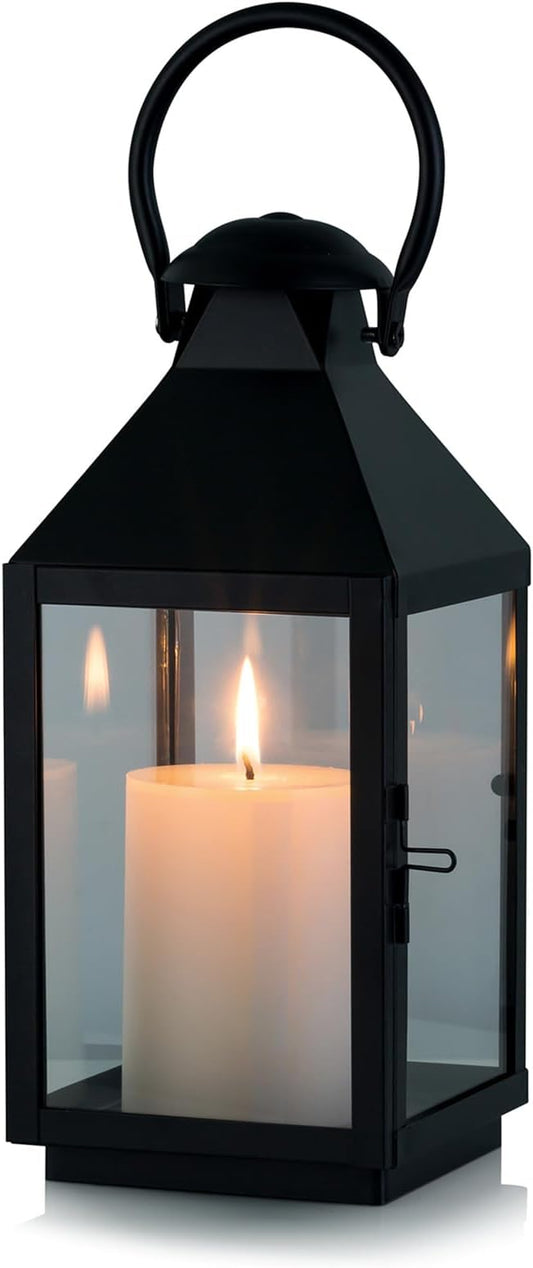 NUPTIO Black Decorative Candle Lantern: Metal Pillar Candle Holders for Table Centerpiece - 10.2in Tall Hanging Lanterns for Outdoor Wedding Party Home Living Room Fireplace Decor-Ruum Studio Home
