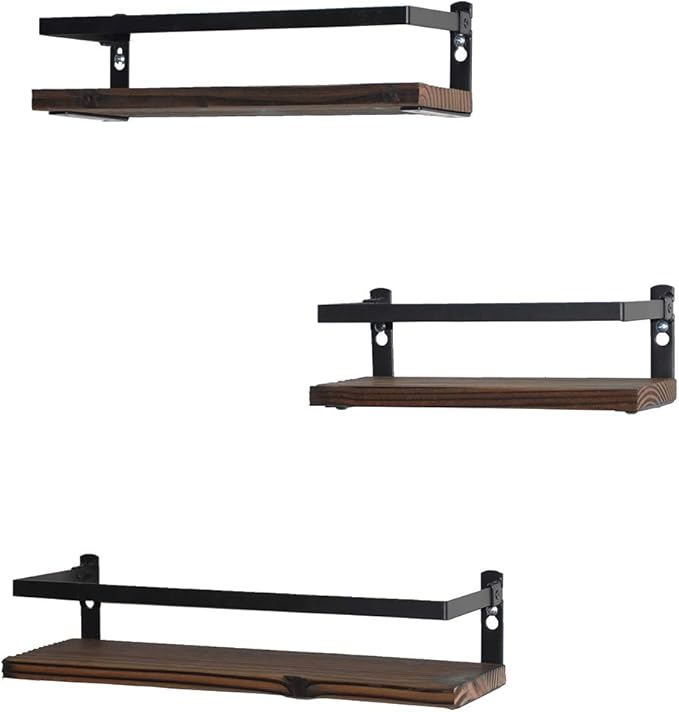 Floating Shelves Rustic Wood Wall Mounted Shelf Practical Metal Fence Design Ideal for Bedroom, Bathroom, Kitchen Set of 3(Brown)-Ruum Studio Home